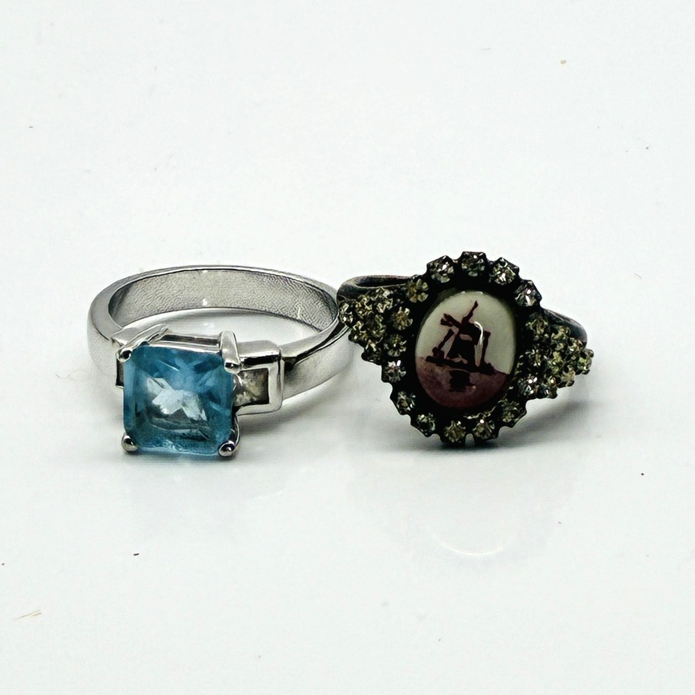 Vintage Windmill Adjustable Ring and Silver Tone Blue Stone Lot of 2
